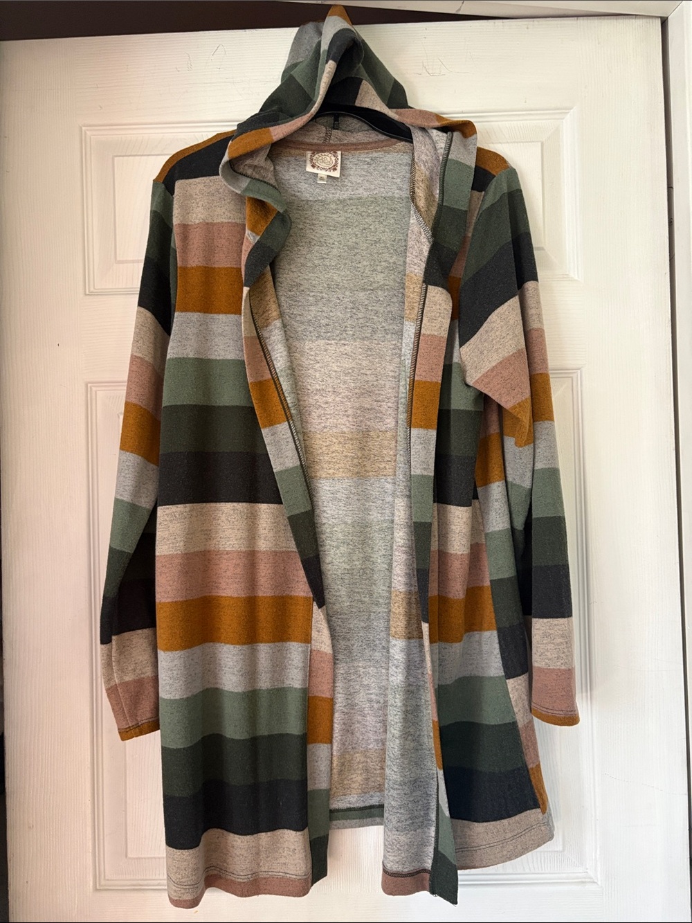Women’s  Hooded Open-Front Striped Sweater Cardigan - Green Multi